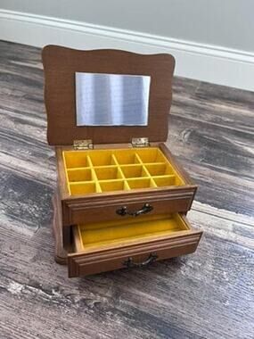 Vintage Centurion Wood Jewelry Box, Mustard Velvet 2 Drawer Organizer